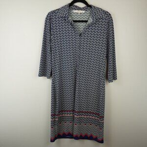 Max Studio‎ Navy Blue & Coral Chevron Patterned Collared V-Neck Midi Dress SZ S